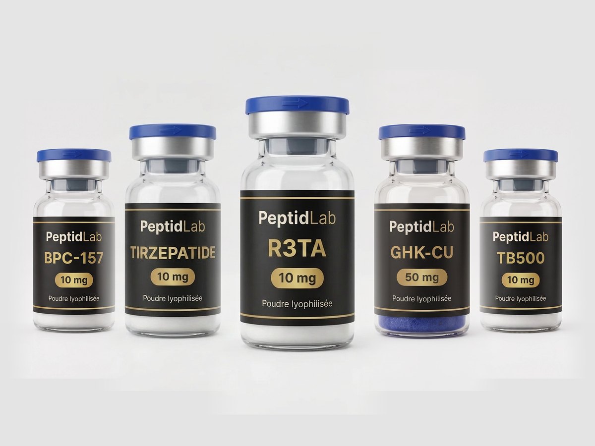 Fioles de peptides de recherche PeptidLab : R3TA, Tirz, BPC-157, GHK-Cu, TB-500
